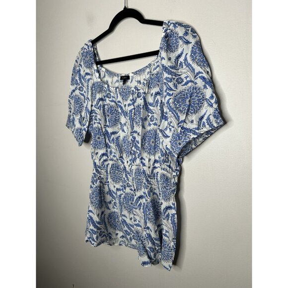 Talbots Womens Tunic Top Blue White Floral Short Sleeve Boho Blouse Size Large - Picture 2 of 6